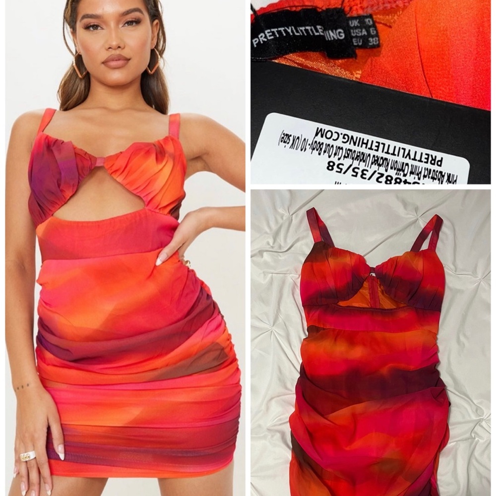 PrettyLittleThing Red and Orange Ruched Mini Dress